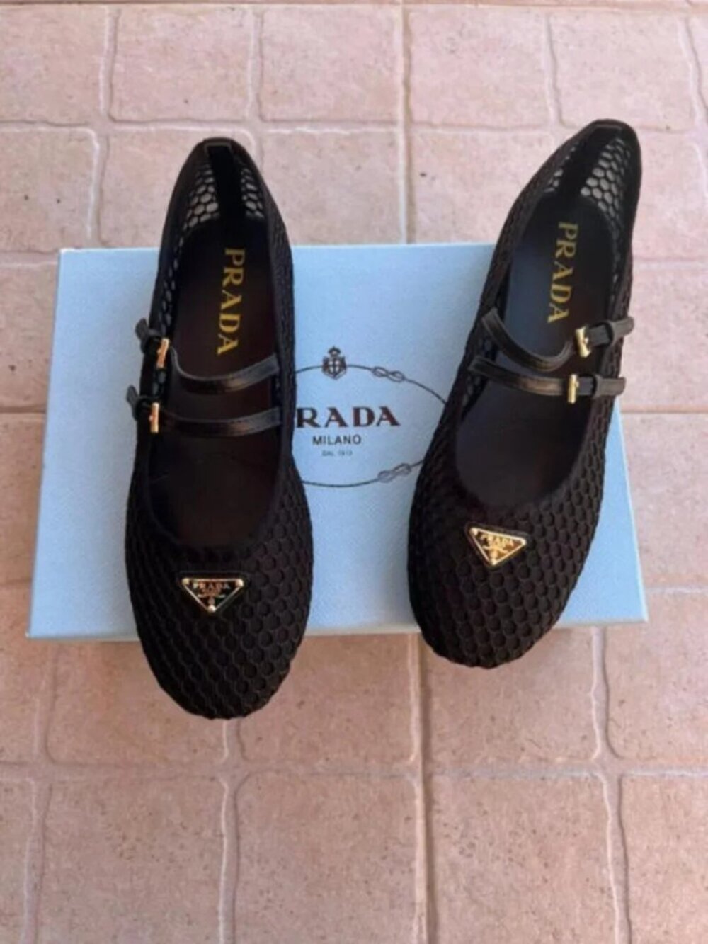New Prada Mesh Mary Jane Flats with Triangle Logo - Black